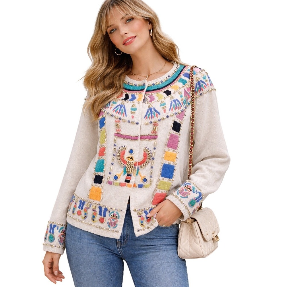 Michael Simon‎ Womens Sweater 1991 Egyptian Beaded Embroidered Cardigan 1x vtg